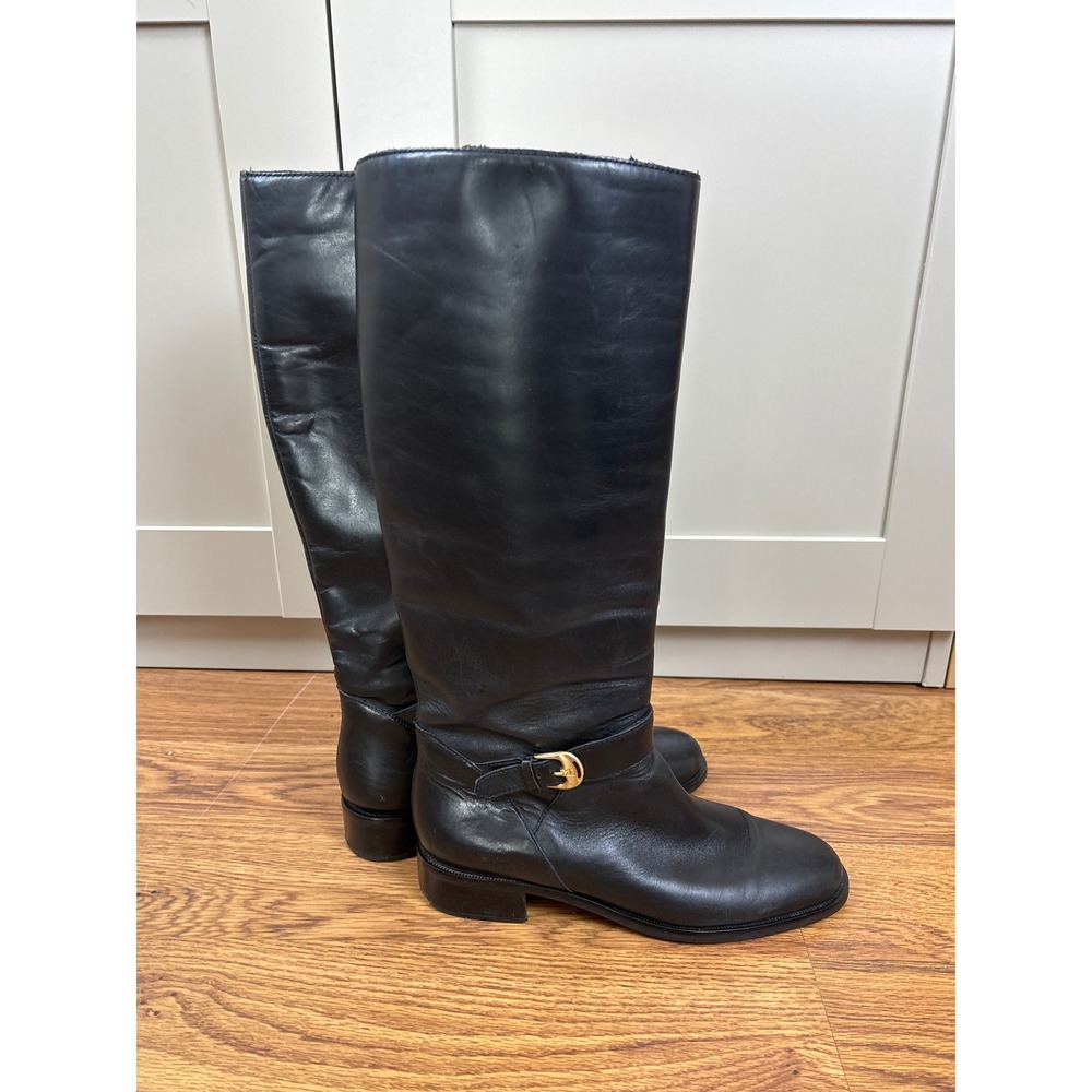 Etienne Aigner Legacy Black Leather Riding Boots Gold Buckle Size 8M